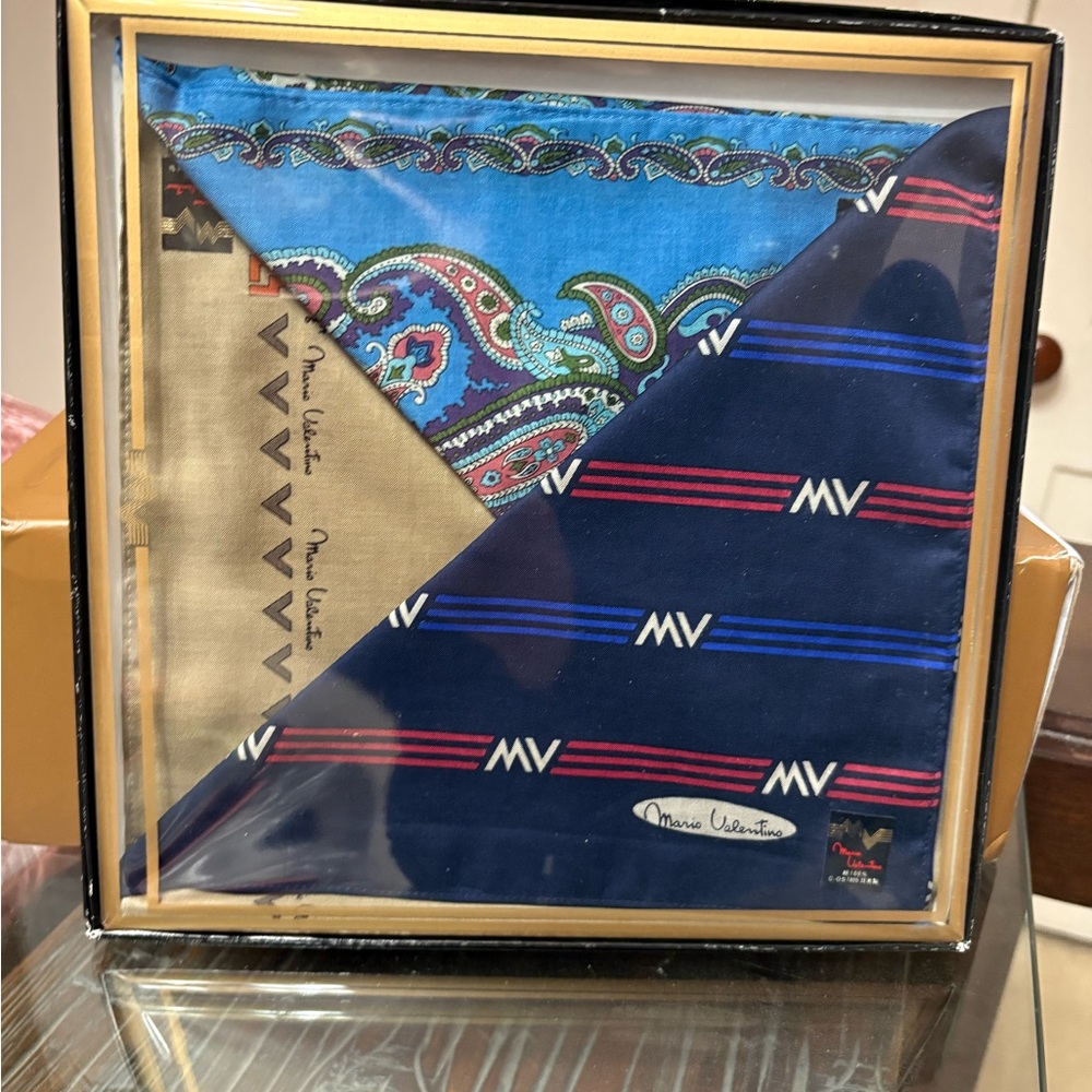 Mario Valentino Navy and Red Pocket Squares